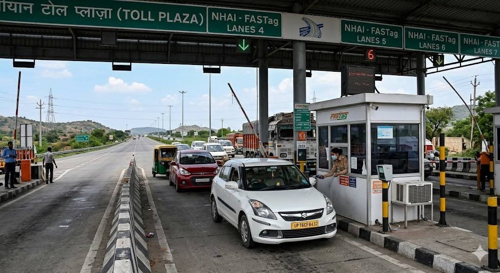 Cars and a truck passing through NHAI FASTag lanes at a National Highway toll plaza in India