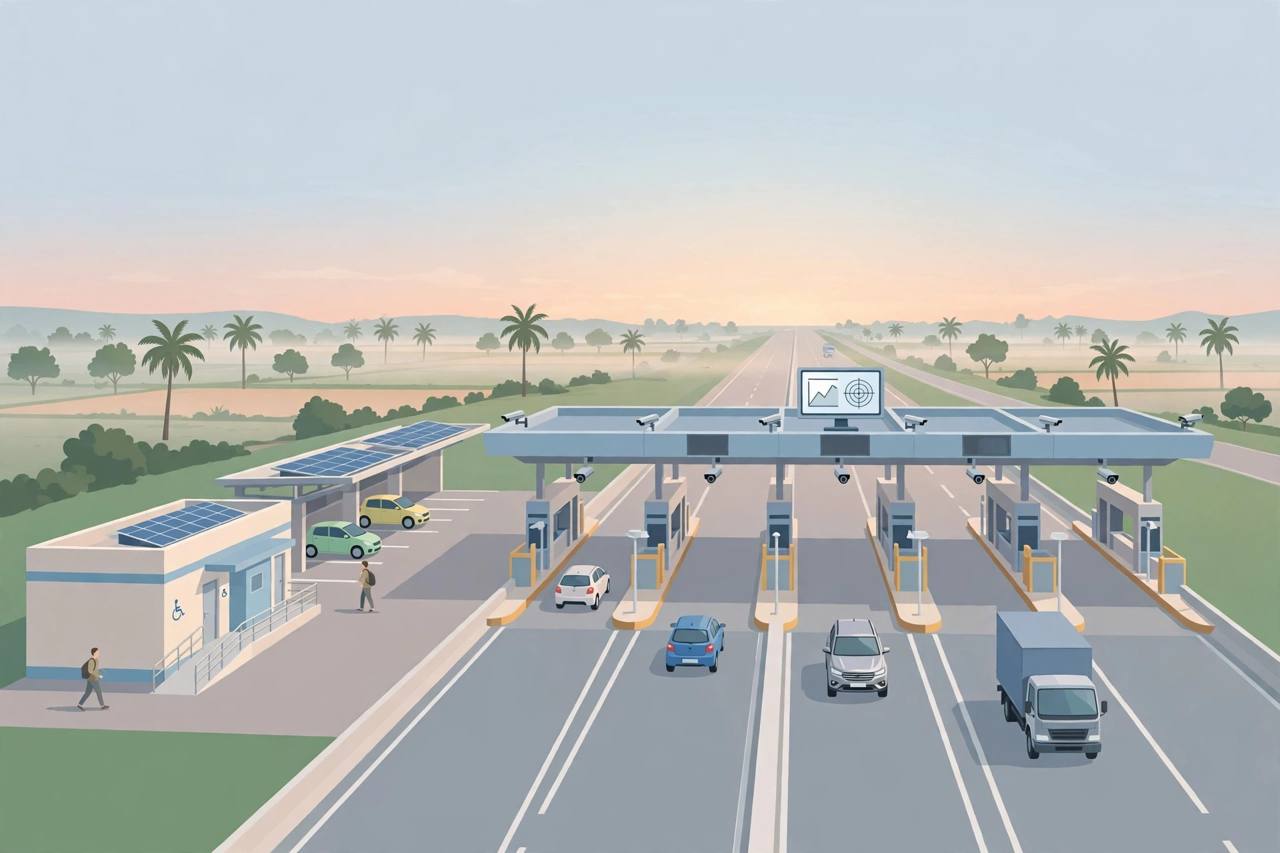Editorial illustration of an Indian national highway toll plaza with upgraded accessible toilet block and parking bays