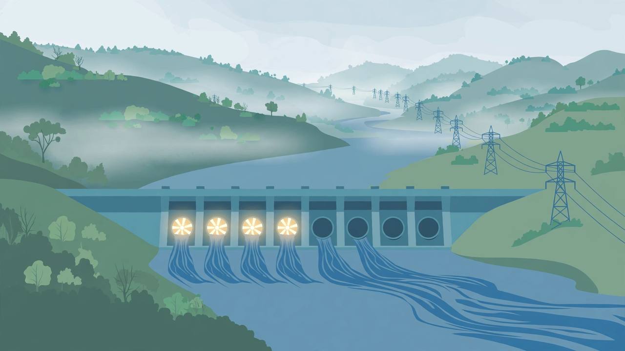 Editorial illustration of a hydroelectric dam across a river between green hills, with glowing turbine openings and transmission towers - no real person's face