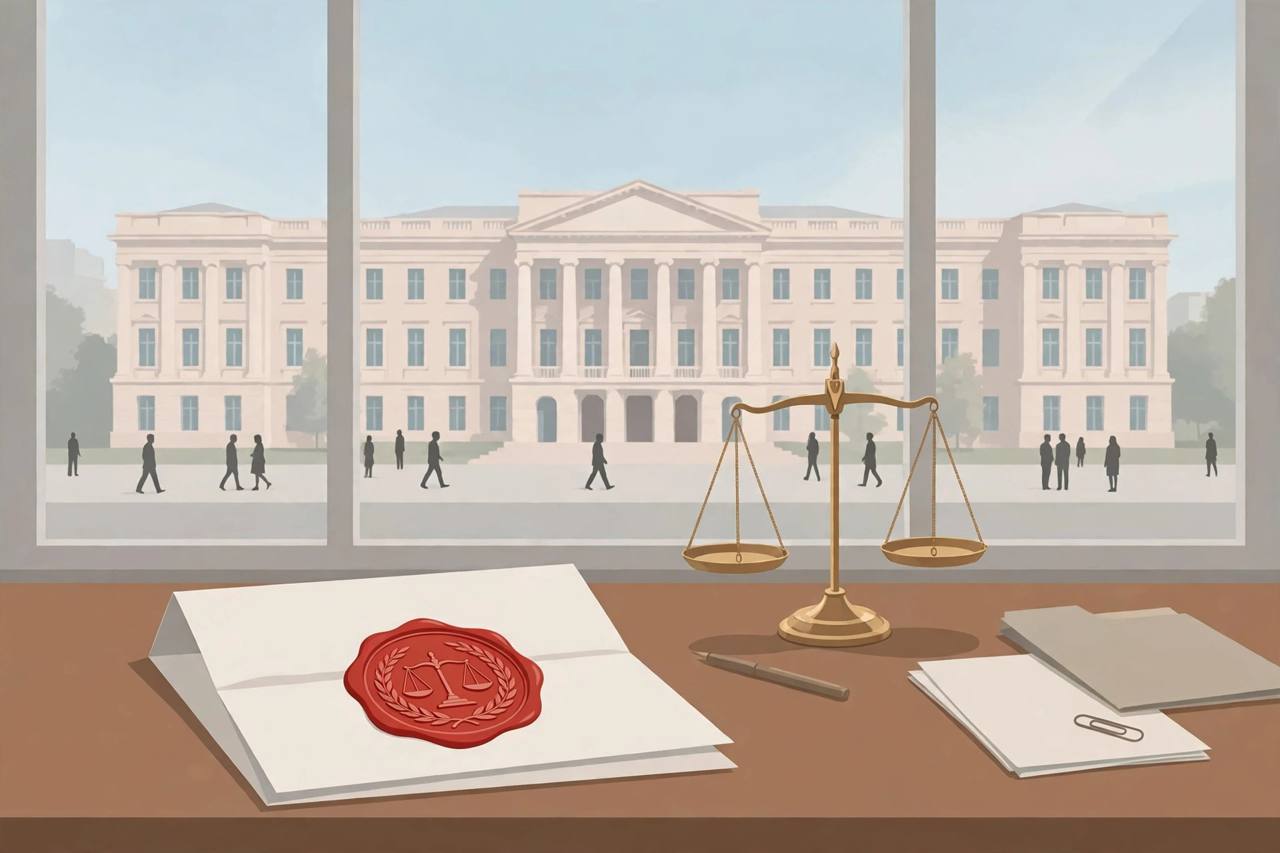 Editorial illustration of an official human rights notice with scales of justice, flat style, no text, no children depicted