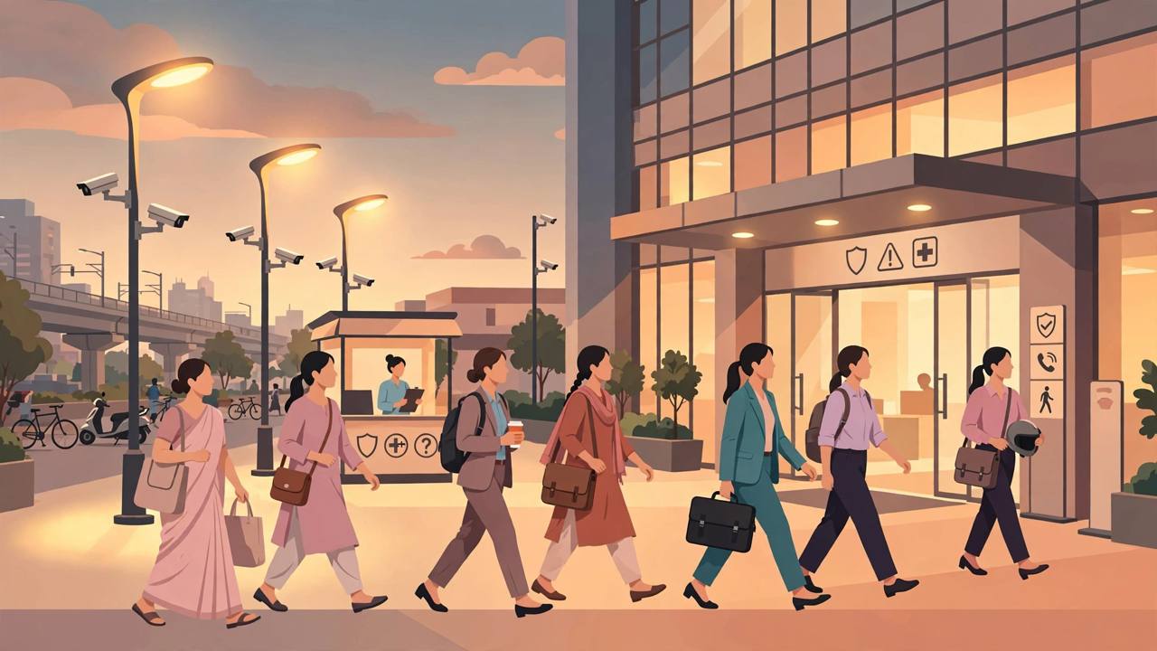 Editorial illustration of women walking confidently through a well-lit city public space with safety lighting and help facilities