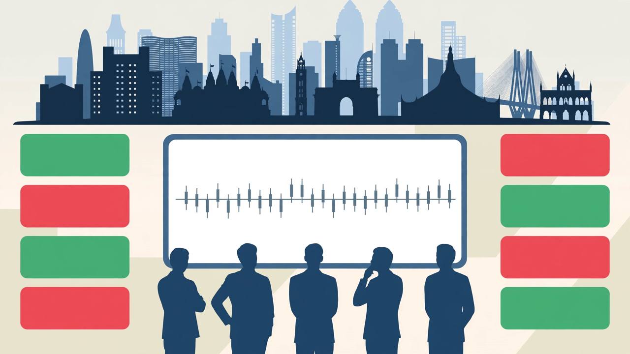 Editorial illustration of a flat stock-market chart with generic traders and green and red sector panels