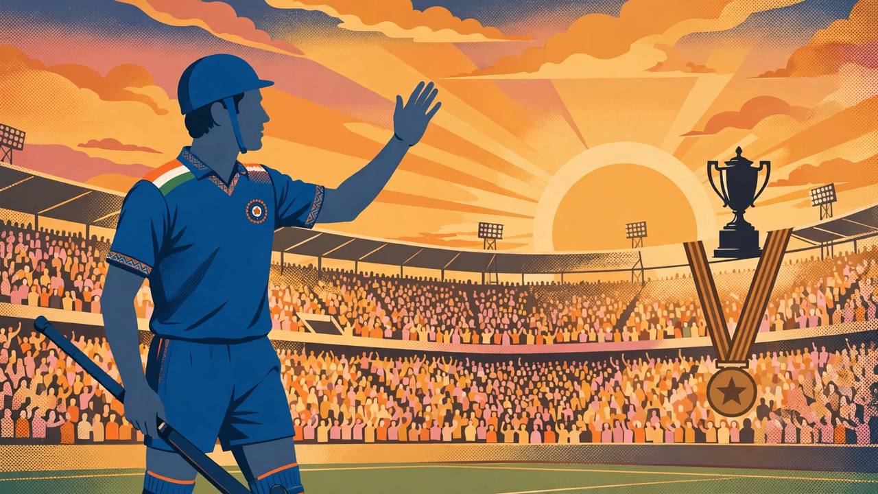 Editorial illustration of a generic Indian hockey midfielder in a blue jersey waving farewell to a stadium crowd at sunset, with a trophy silhouette behind