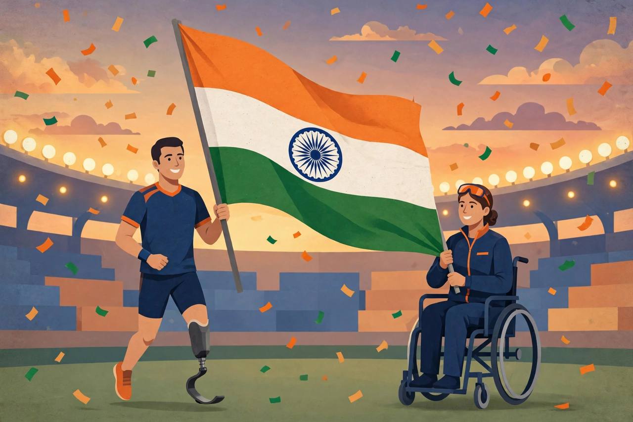 Editorial illustration of two generic Indian para-athletes carrying the Indian tricolour at a stadium closing ceremony
