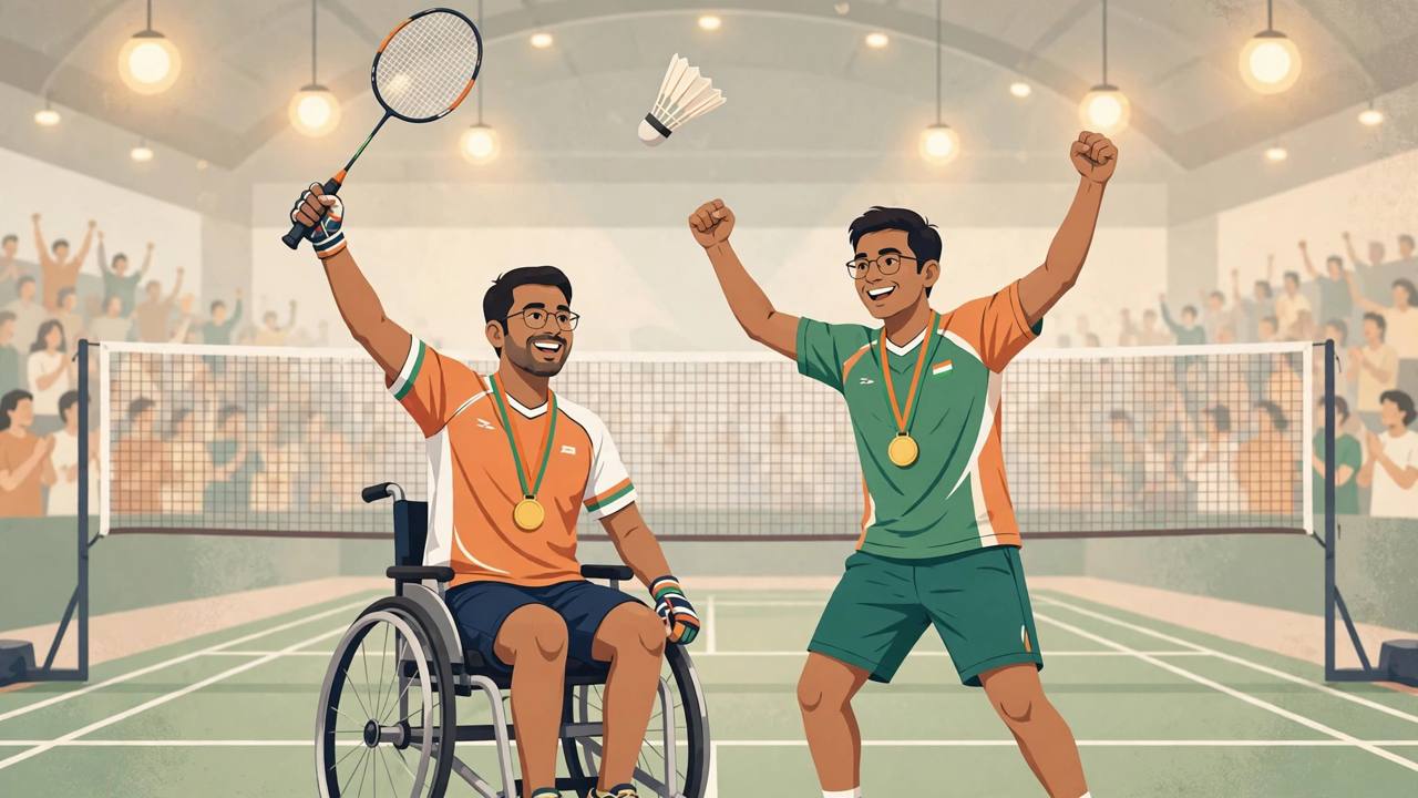 Editorial illustration of two generic para badminton players celebrating with rackets and gold medals on a badminton court