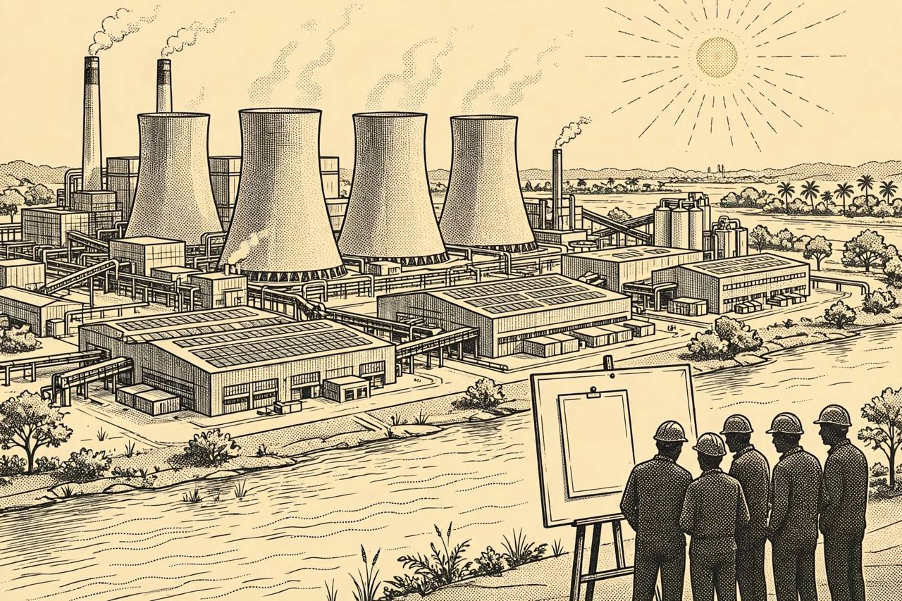 Editorial illustration of a large modern coal power plant with cooling towers beside a river in Odisha, generic workers in hard hats, flat style