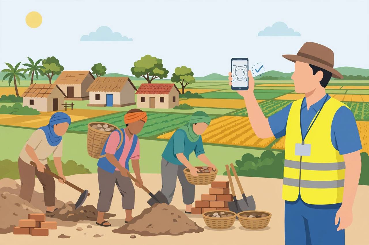Editorial illustration of generic rural workers at a village worksite with a supervisor holding a smartphone for face-authentication attendance, flat style