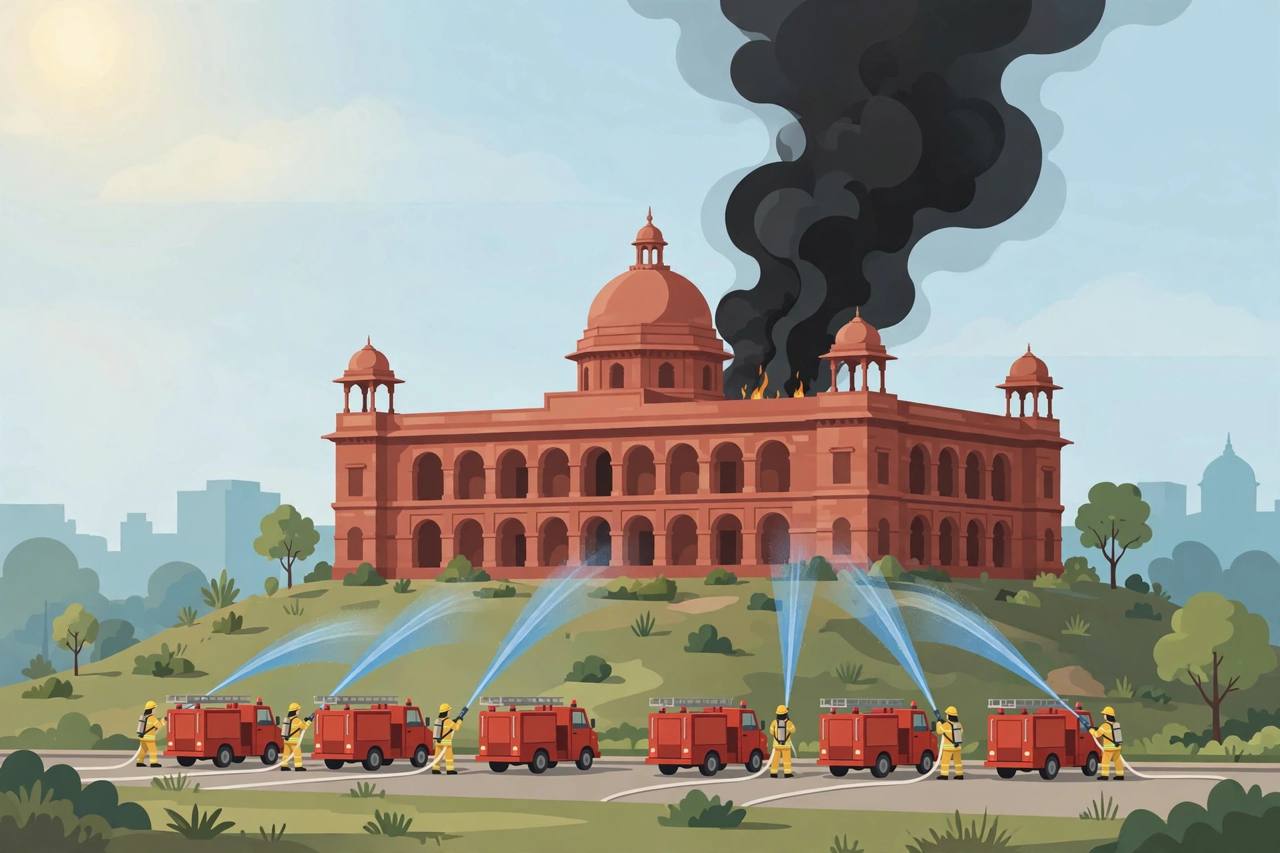 Editorial illustration of a red-sandstone government building on Raisina Hill with black smoke rising behind it and fire engines in front
