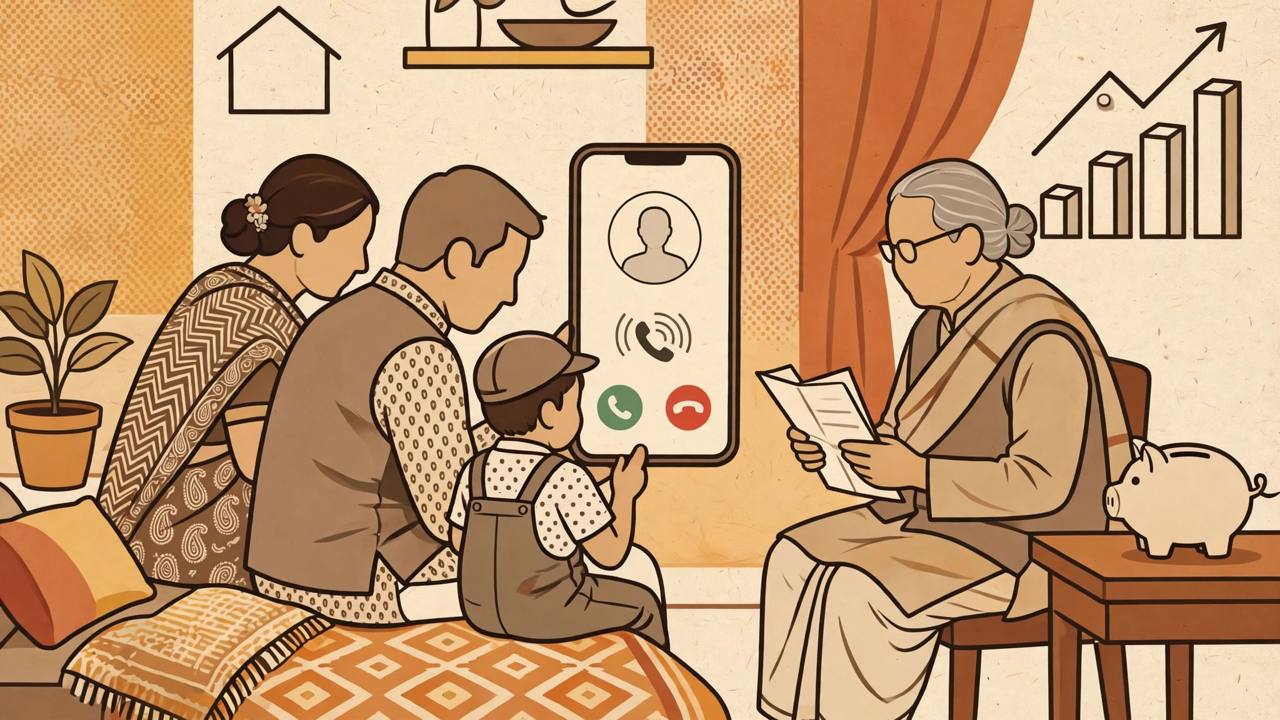 Editorial illustration of an Indian family looking at a smartphone showing an incoming call with a generic caller icon, beside an elderly pensioner holding a document and a piggy bank