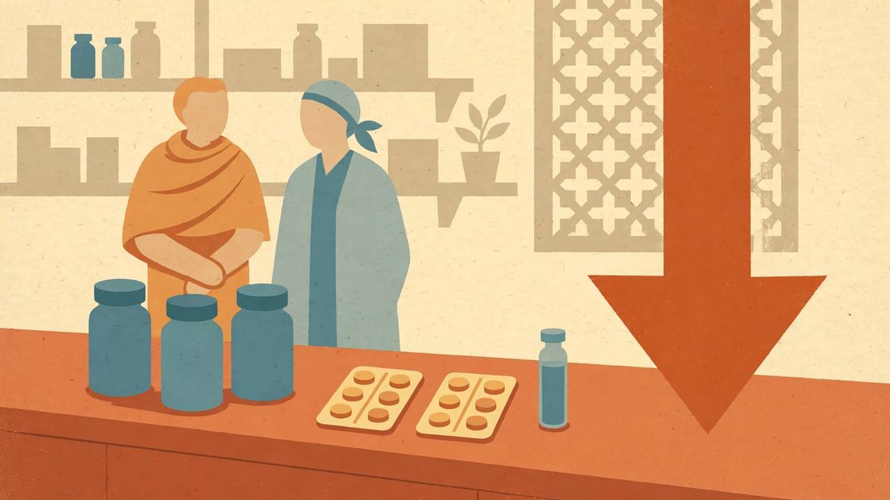 Editorial illustration of a pharmacy counter with medicine bottles, tablet strips and a vial, and a large downward arrow showing falling prices
