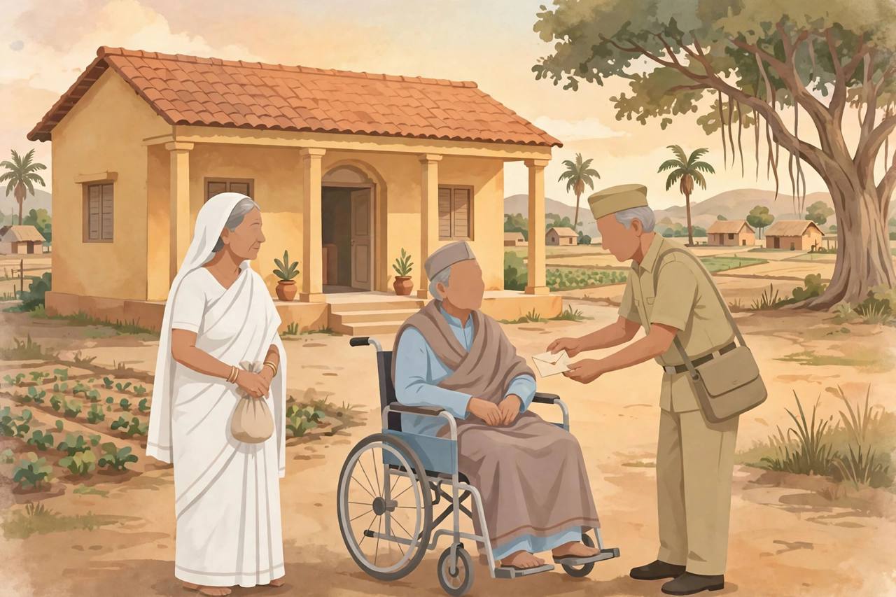 Editorial illustration of elderly people and a person in a wheelchair receiving pension support in rural India