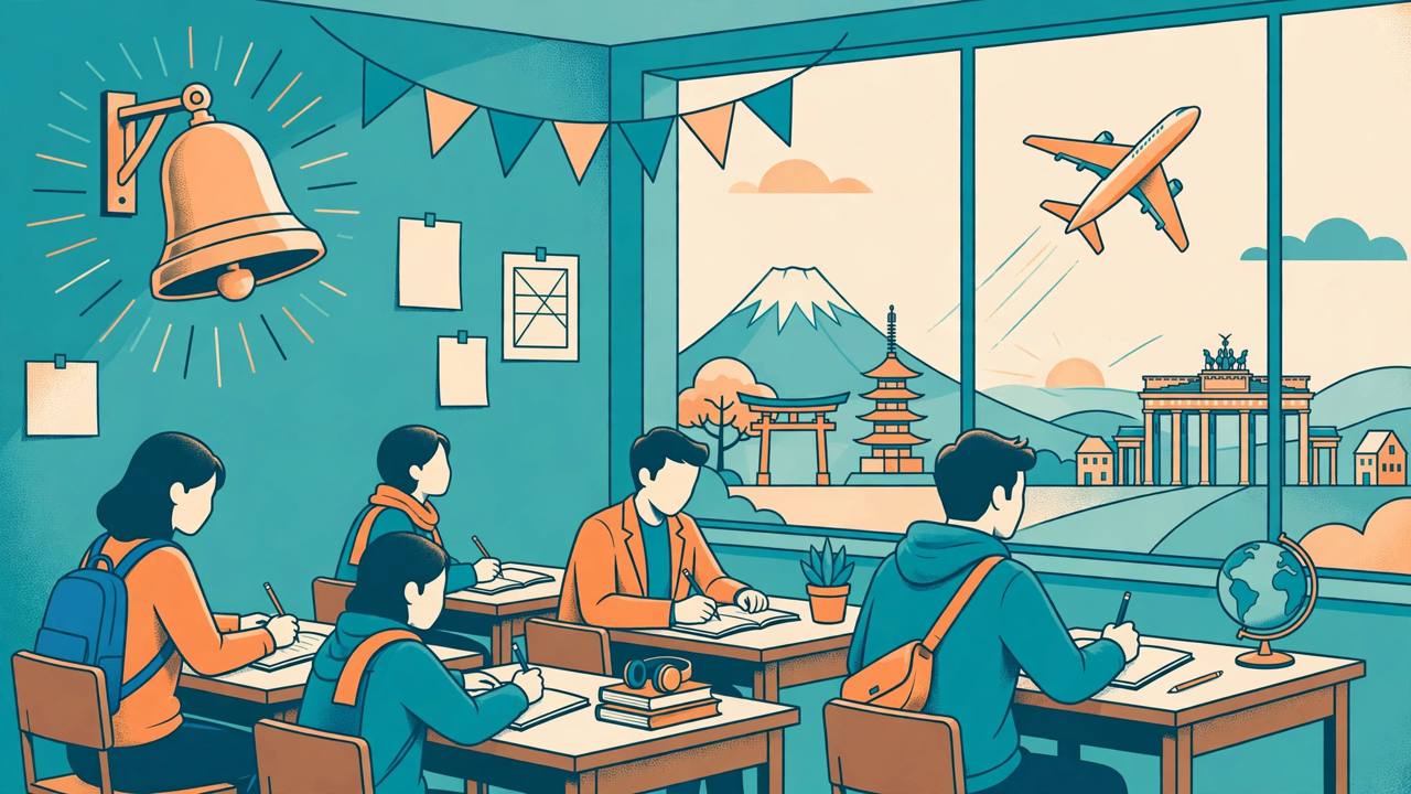 Editorial illustration of young trainees in a language classroom with a stock exchange bell and a plane flying toward Japan and Germany landmarks