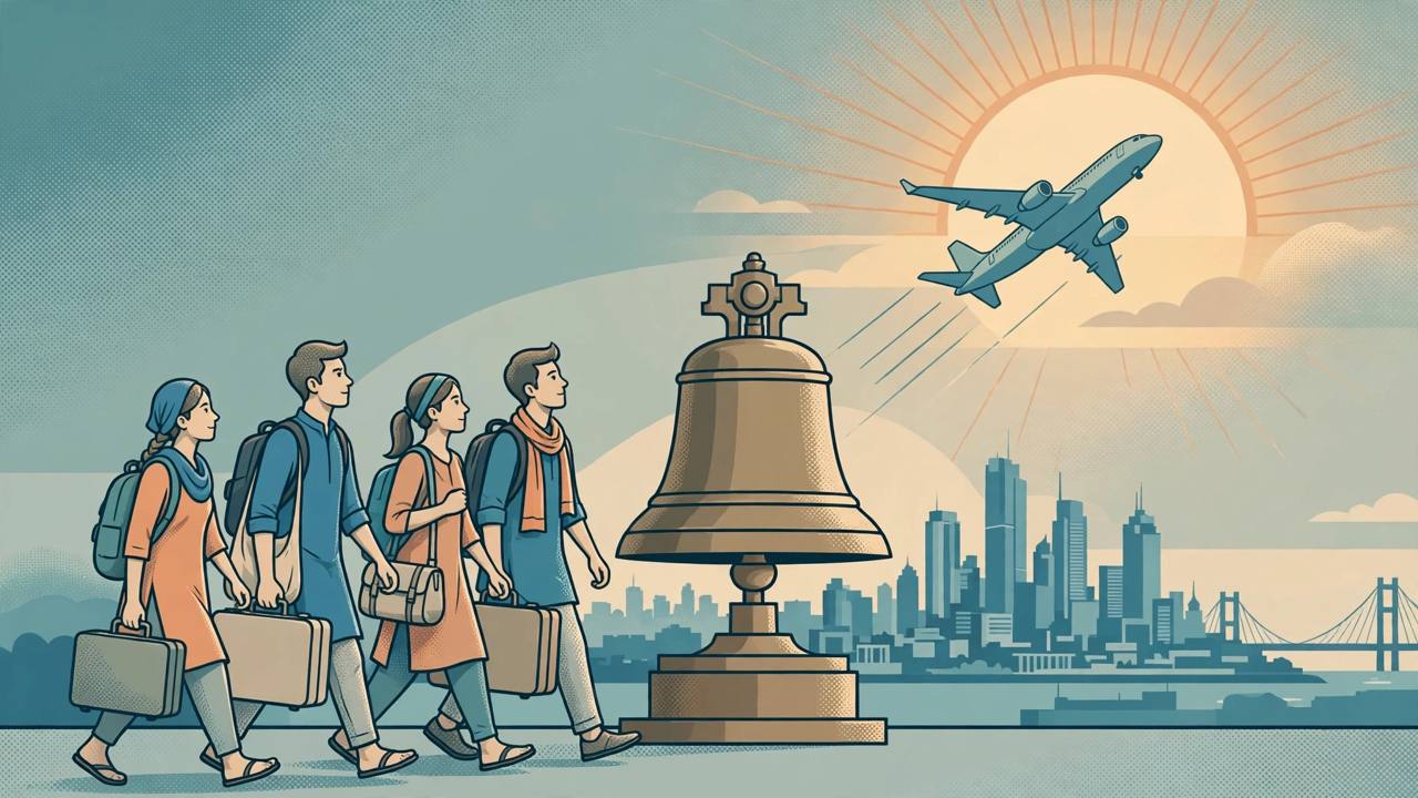 Editorial illustration of young rural trainees with suitcases walking past a large stock-exchange bell toward an aeroplane taking off at sunrise