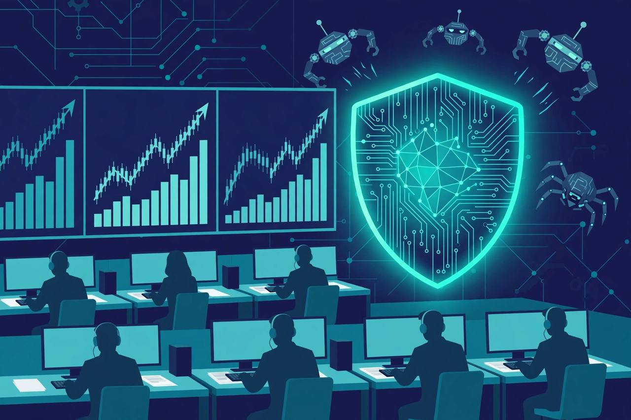 Editorial illustration of a stock exchange trading floor protected by a digital shield from abstract hacker icons; no real person depicted