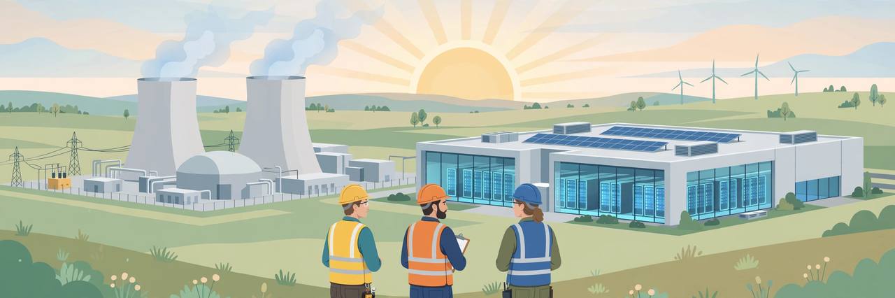 Editorial illustration of a nuclear power plant beside a modern AI data centre with glowing server racks and generic engineers