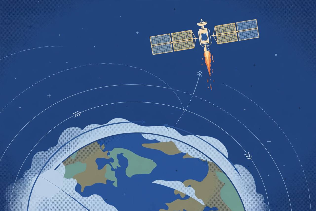 Editorial illustration of a navigation satellite firing its engine as it raises its orbit above Earth