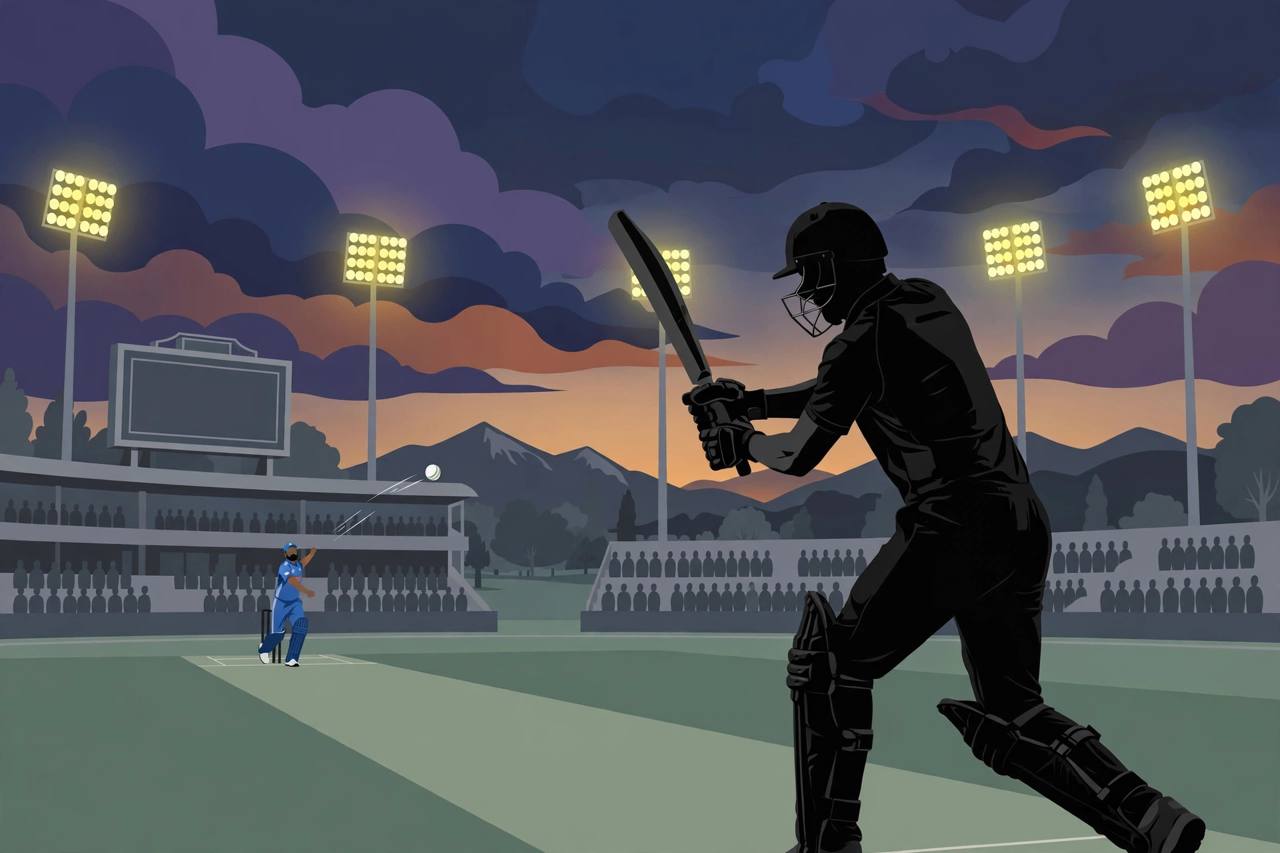 Editorial illustration of a generic cricket batsman in black kit playing a reverse sweep at a floodlit stadium — flat style, no text, no real person's face