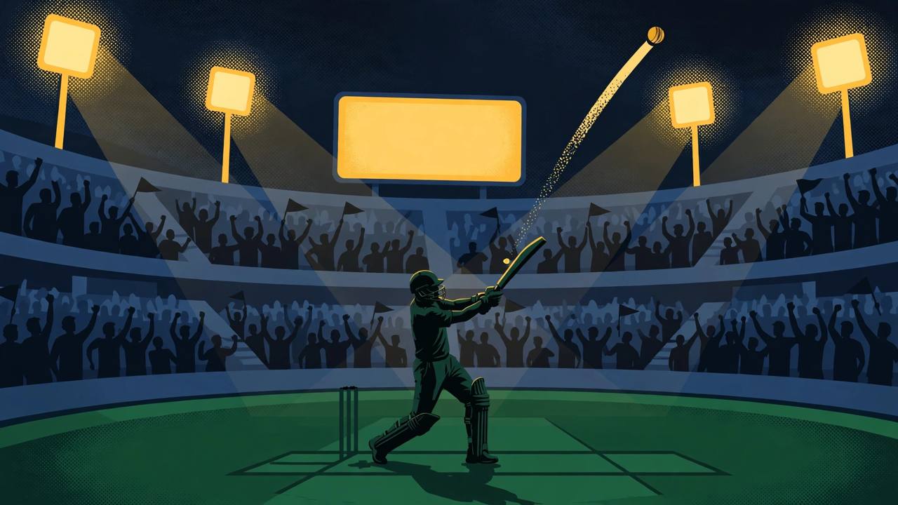 Editorial illustration of a floodlit cricket stadium at night with a silhouetted batter hitting a six into a cheering crowd