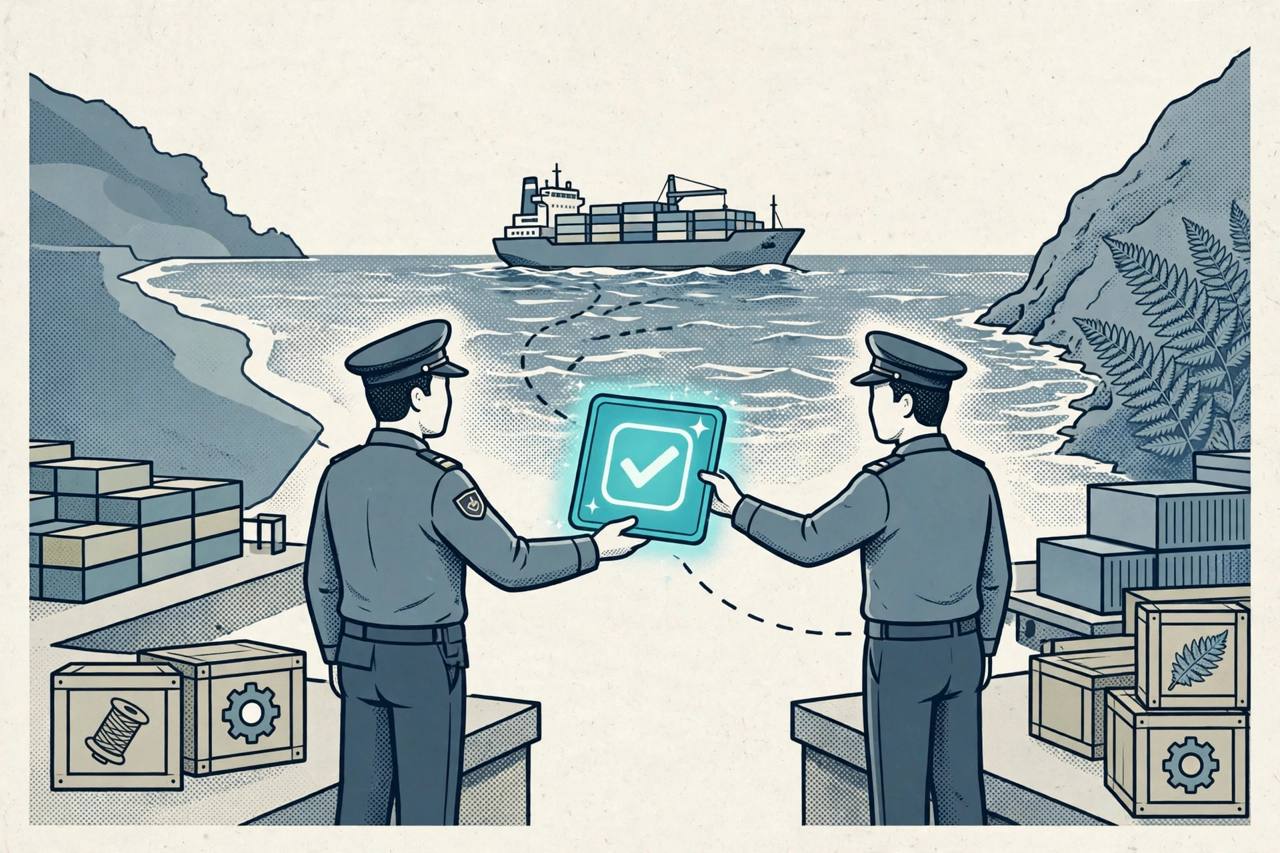 Editorial illustration of cargo trade between India and New Zealand with customs officers exchanging digital origin data