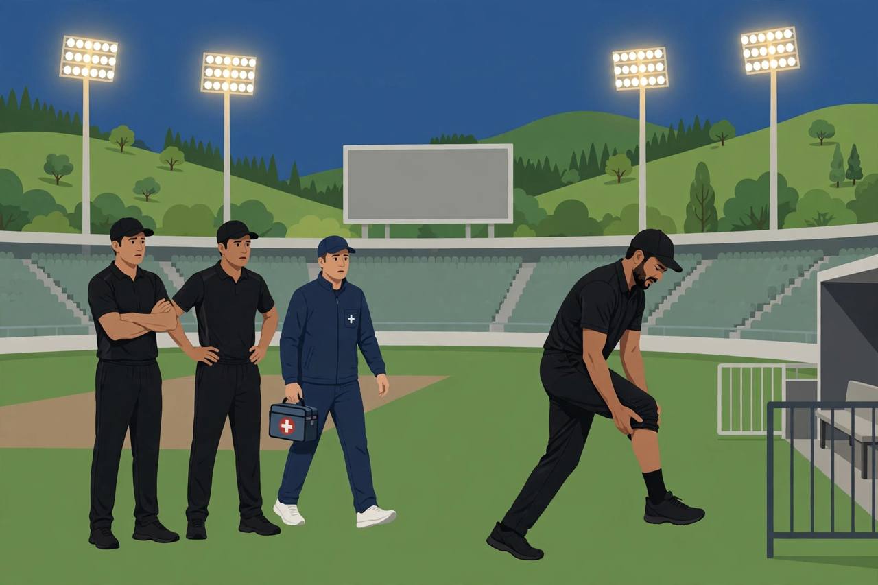 Editorial illustration of a generic cricket fast bowler holding his calf as he leaves a floodlit pitch