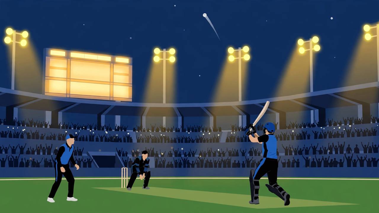 Editorial illustration of a night cricket stadium under floodlights with a generic batsman hitting a ball high into the sky