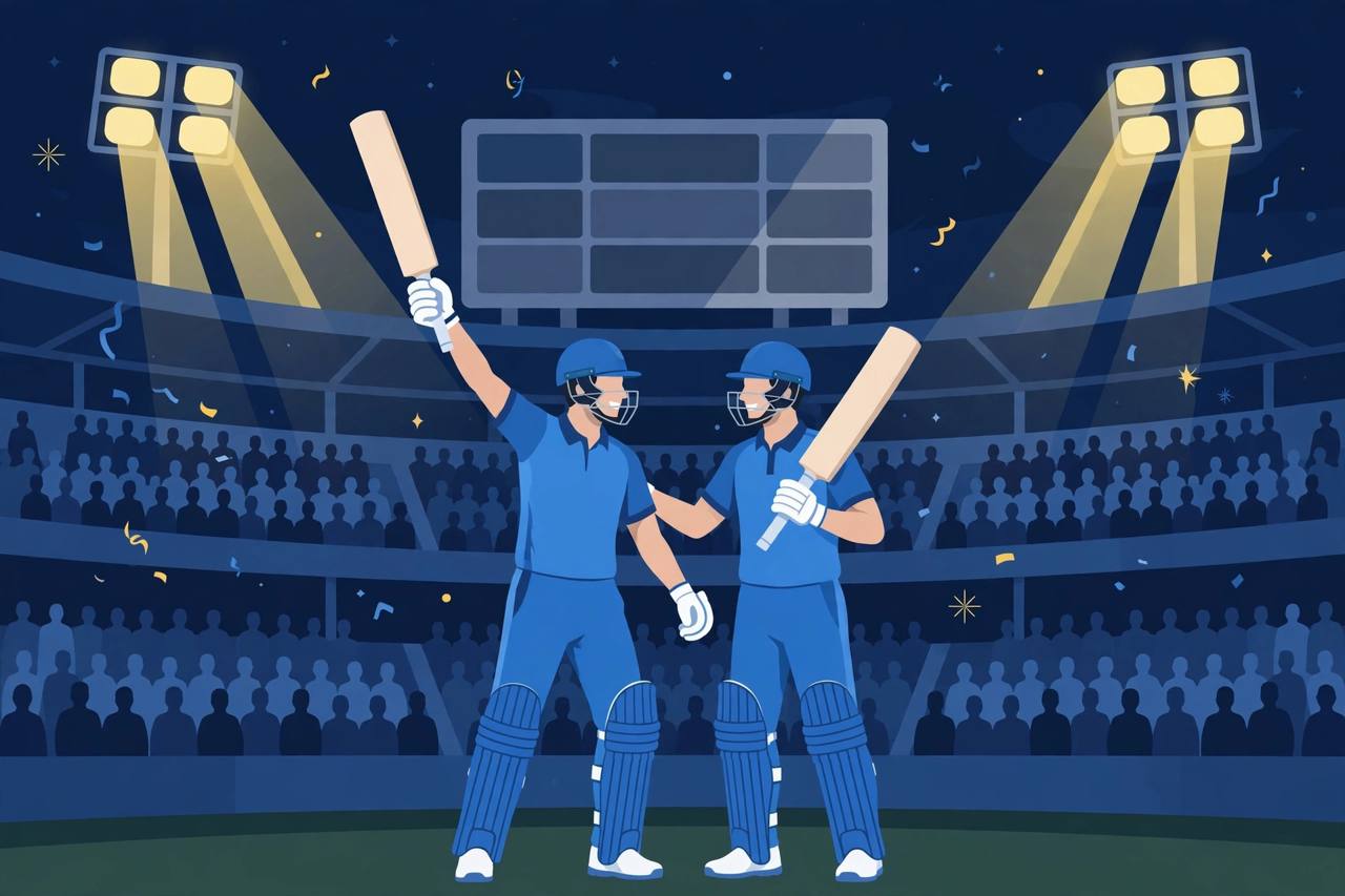 Editorial illustration of generic Indian cricketers celebrating under stadium floodlights at night; no real person depicted