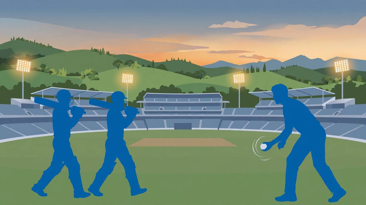 Editorial illustration of two generic opening batsmen walking out at a New Zealand cricket stadium at dusk while a generic swing bowler holds a white ball