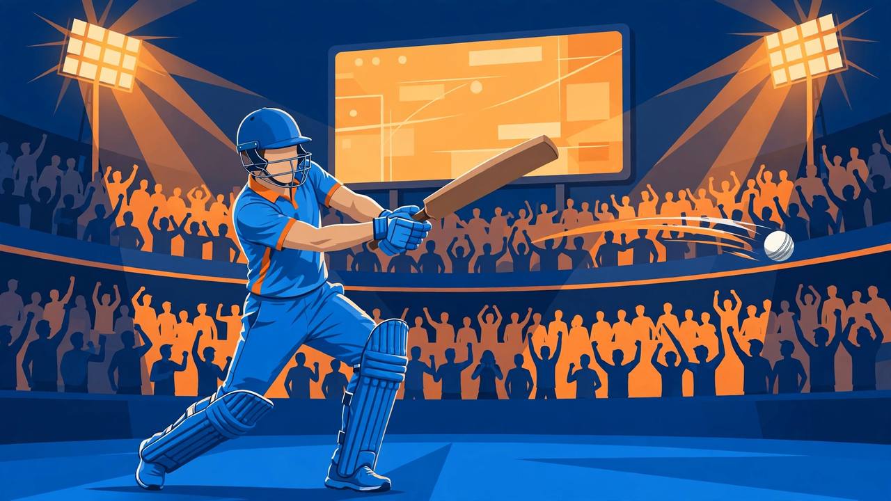 Editorial illustration of a generic cricket batsman in blue hitting a powerful shot in a floodlit stadium at night