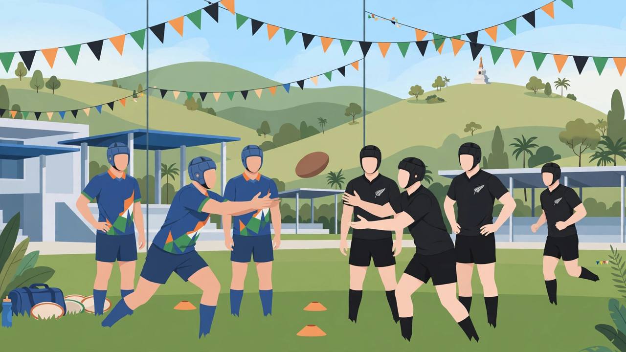 Editorial illustration of U20 rugby sevens players training together in Rajgir with hills behind