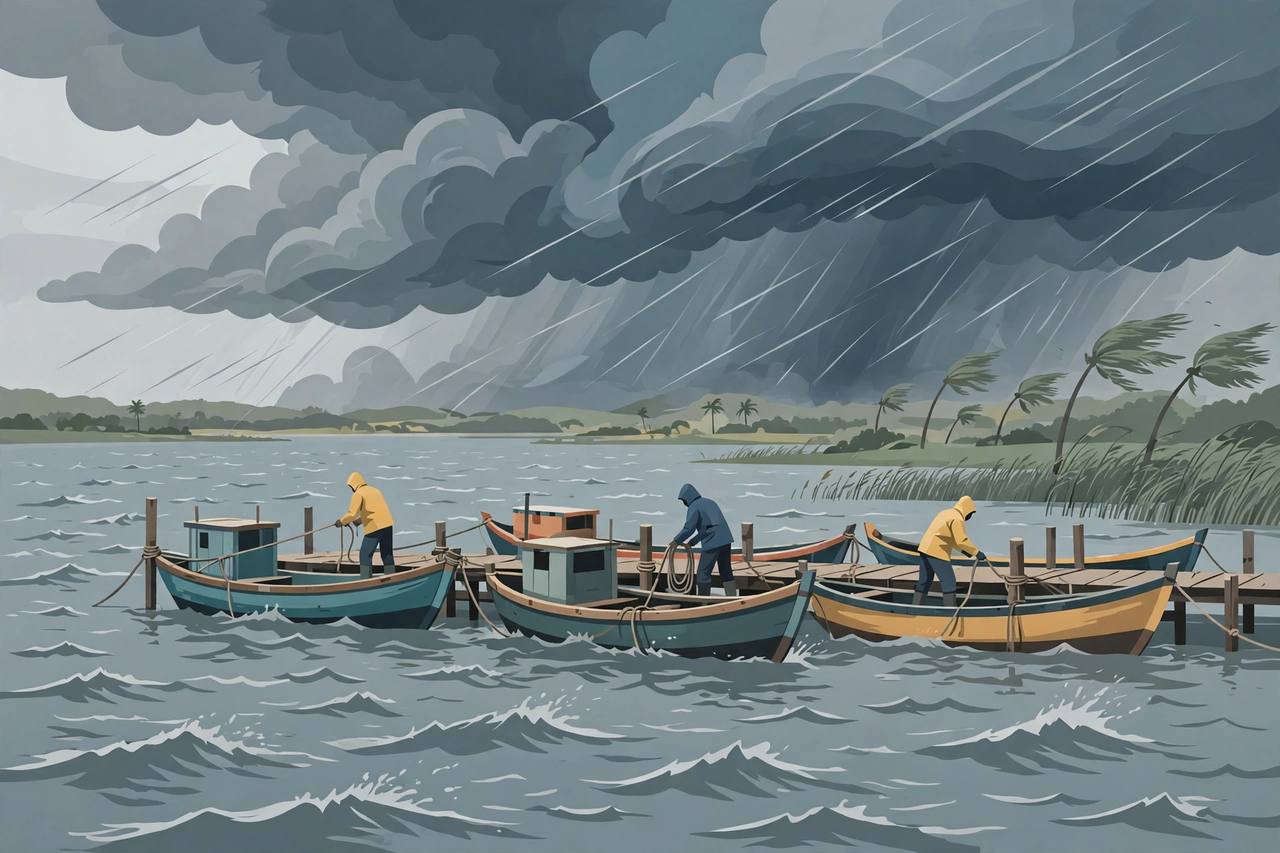Editorial illustration of fishing boats anchored at a harbour as cyclone clouds approach a large lake