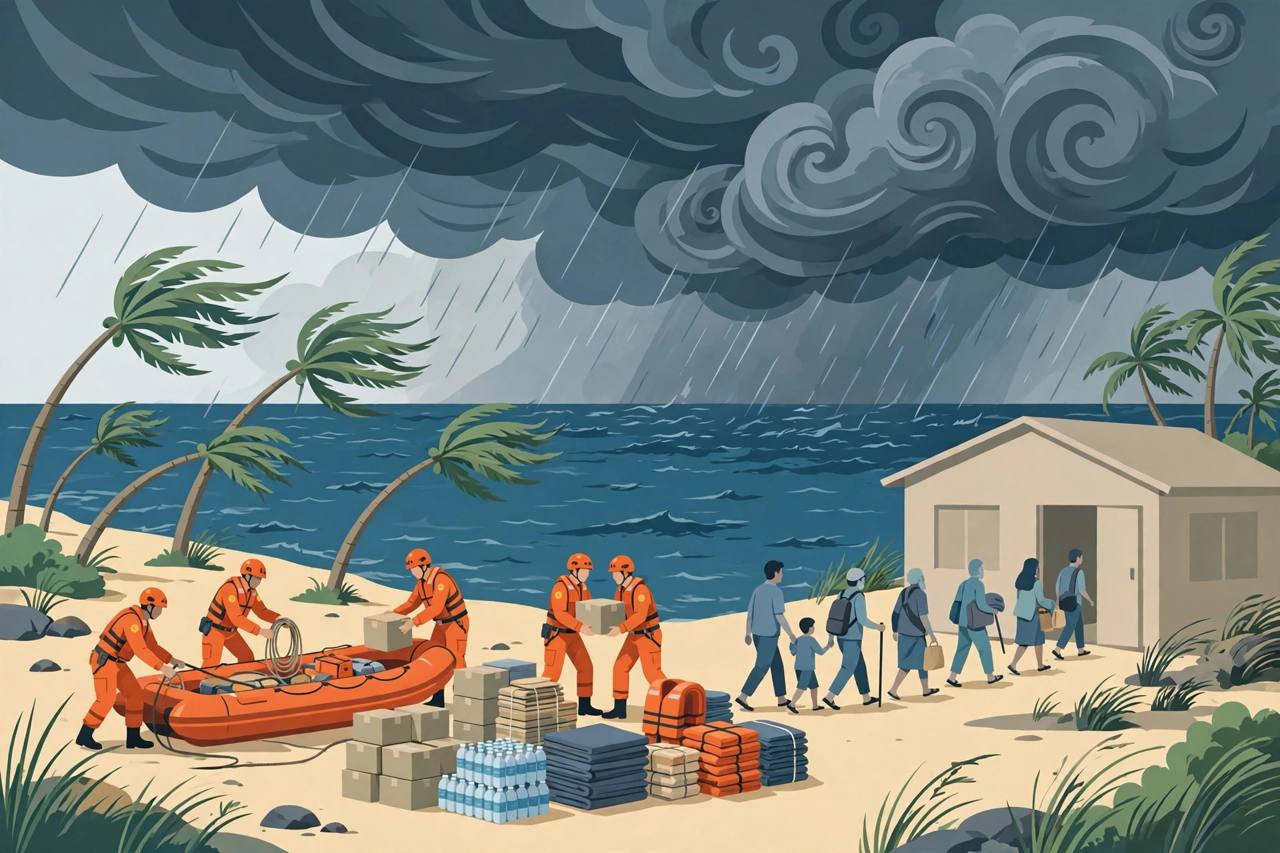 Editorial illustration of rescue teams preparing on the Odisha coast as cyclone clouds approach over the Bay of Bengal