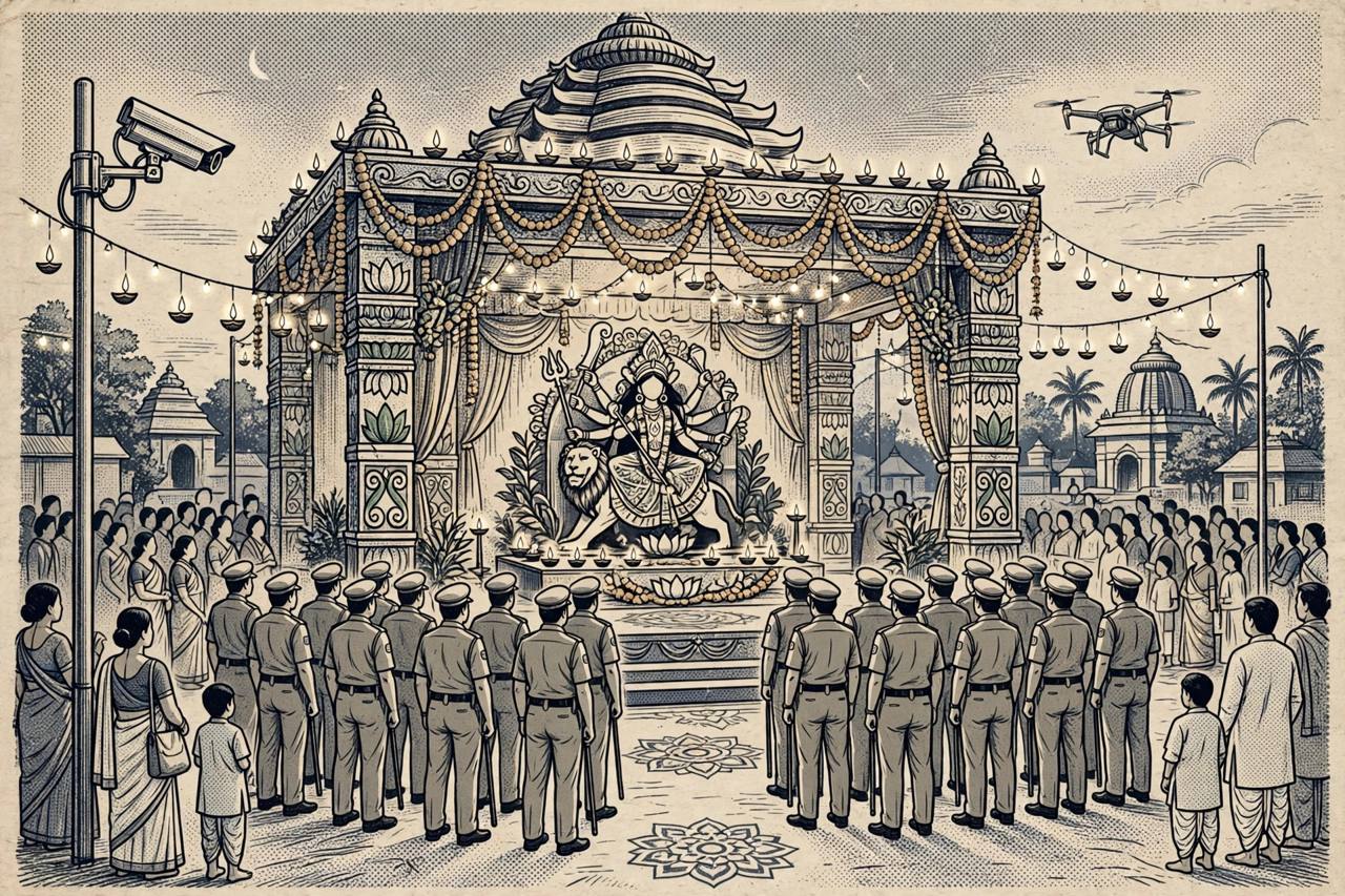 Editorial illustration of generic police personnel in formation in front of a decorated Durga Puja pandal in Odisha, with devotees, a CCTV camera and a drone