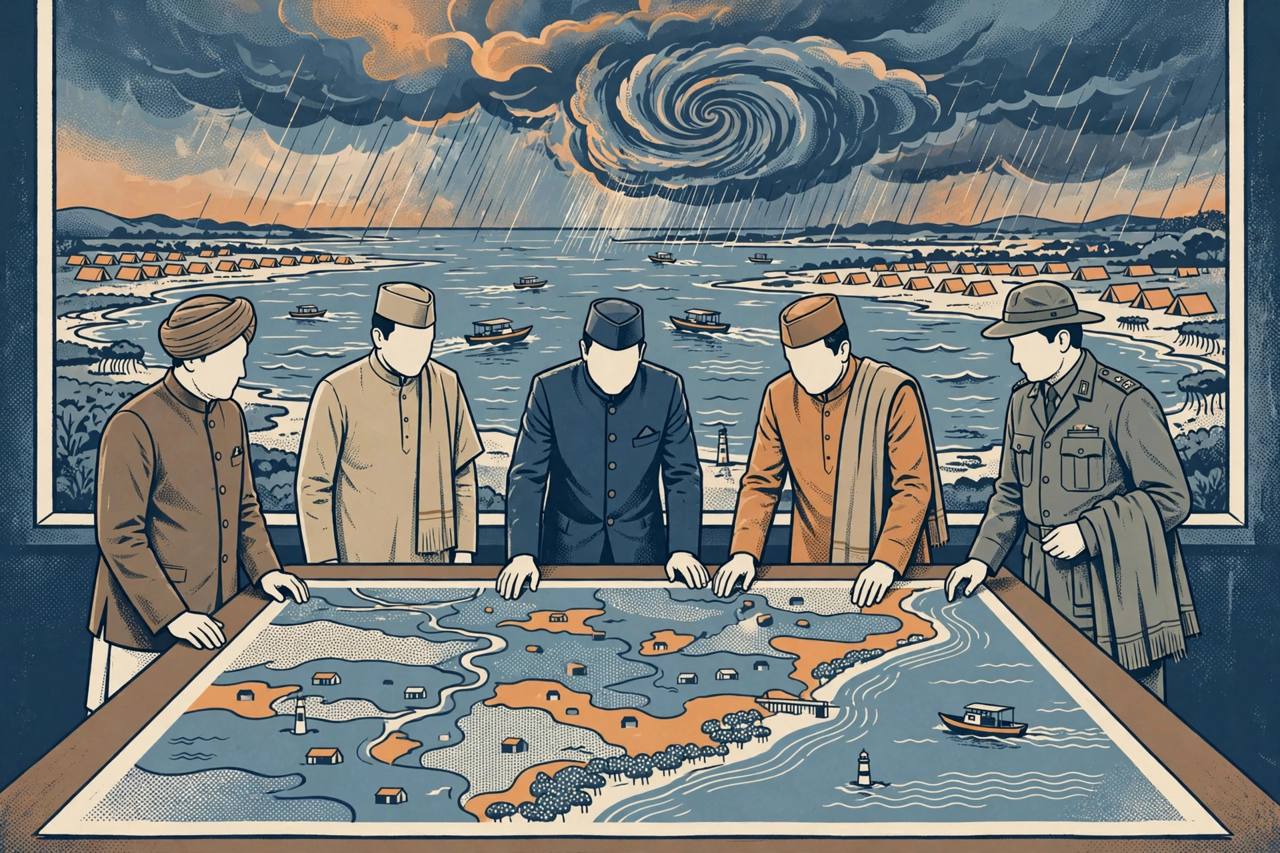 Editorial illustration of generic officials around a coastal district map with cyclone clouds over the Bay of Bengal