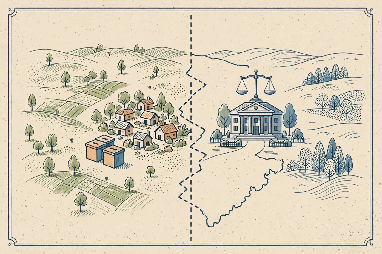 Editorial illustration of a disputed border map with generic villages, ballot boxes and a courthouse with scales of justice