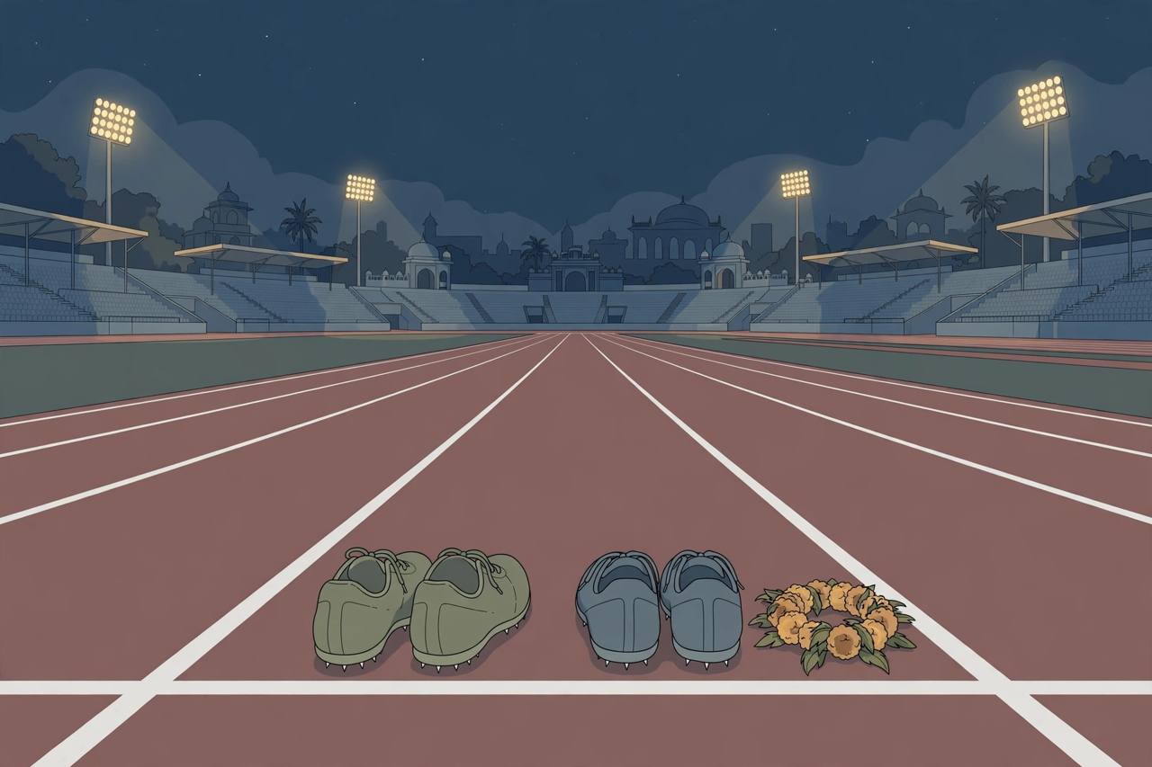Editorial illustration of an empty sprint track at night under floodlights with running spikes and a marigold wreath at the starting line — flat style, no text, no people, no accident depicted