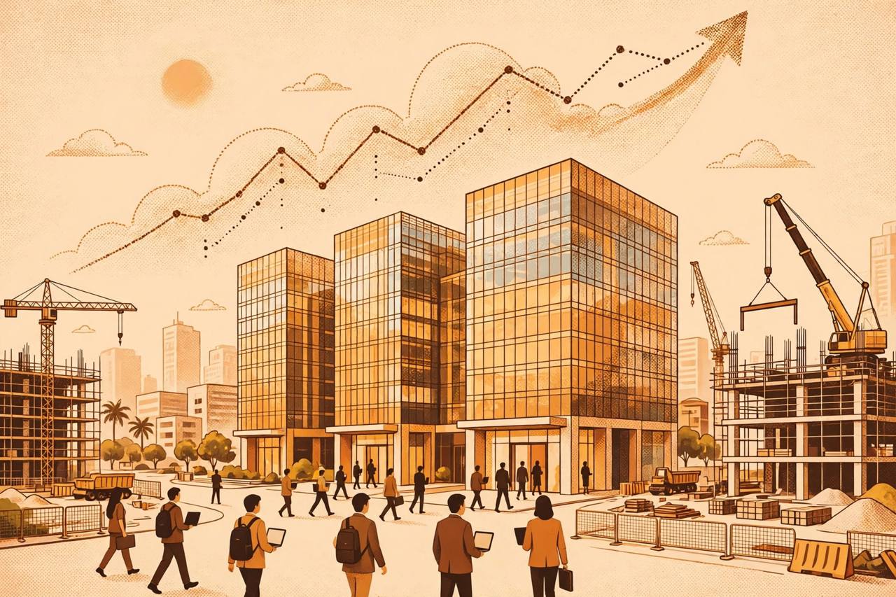 Editorial illustration of modern office towers in India with generic workers and new construction