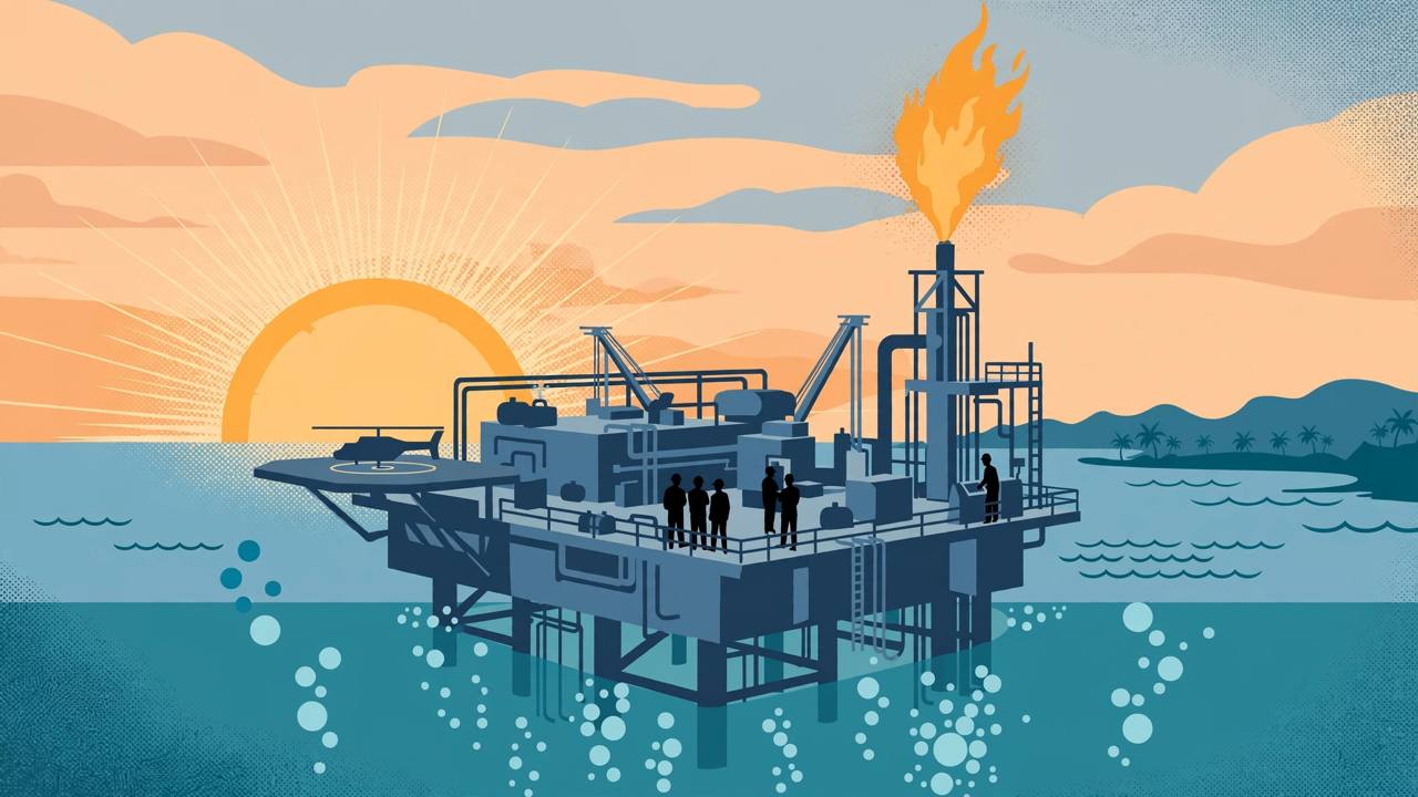 Editorial illustration of a generic offshore drilling platform in shallow sea off India's east coast at sunrise, flat style