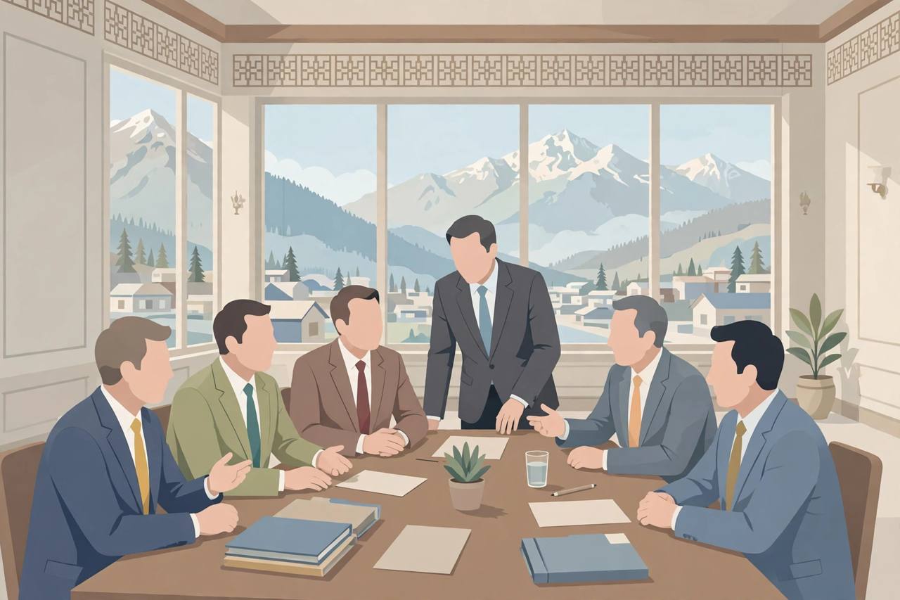 Editorial illustration of generic ministers around a cabinet table in a government building with mountains behind