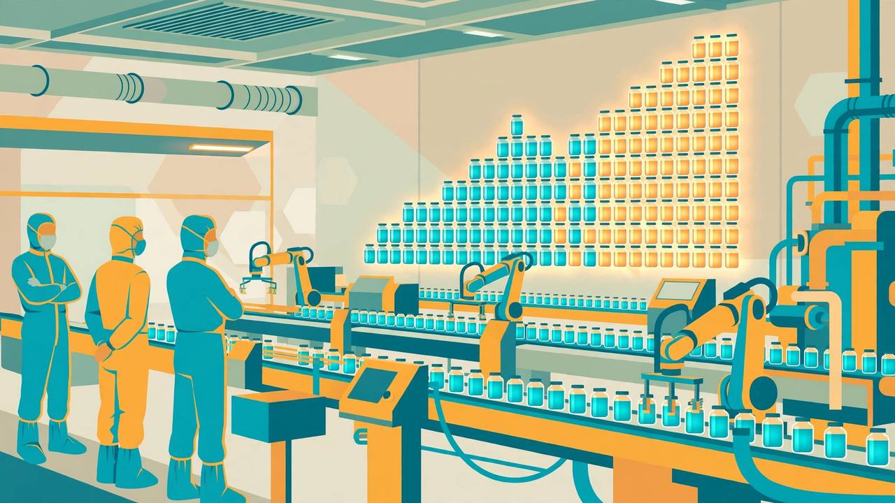 Editorial illustration of a pharmaceutical cartridge filling line with medicine vials rising like a growth chart