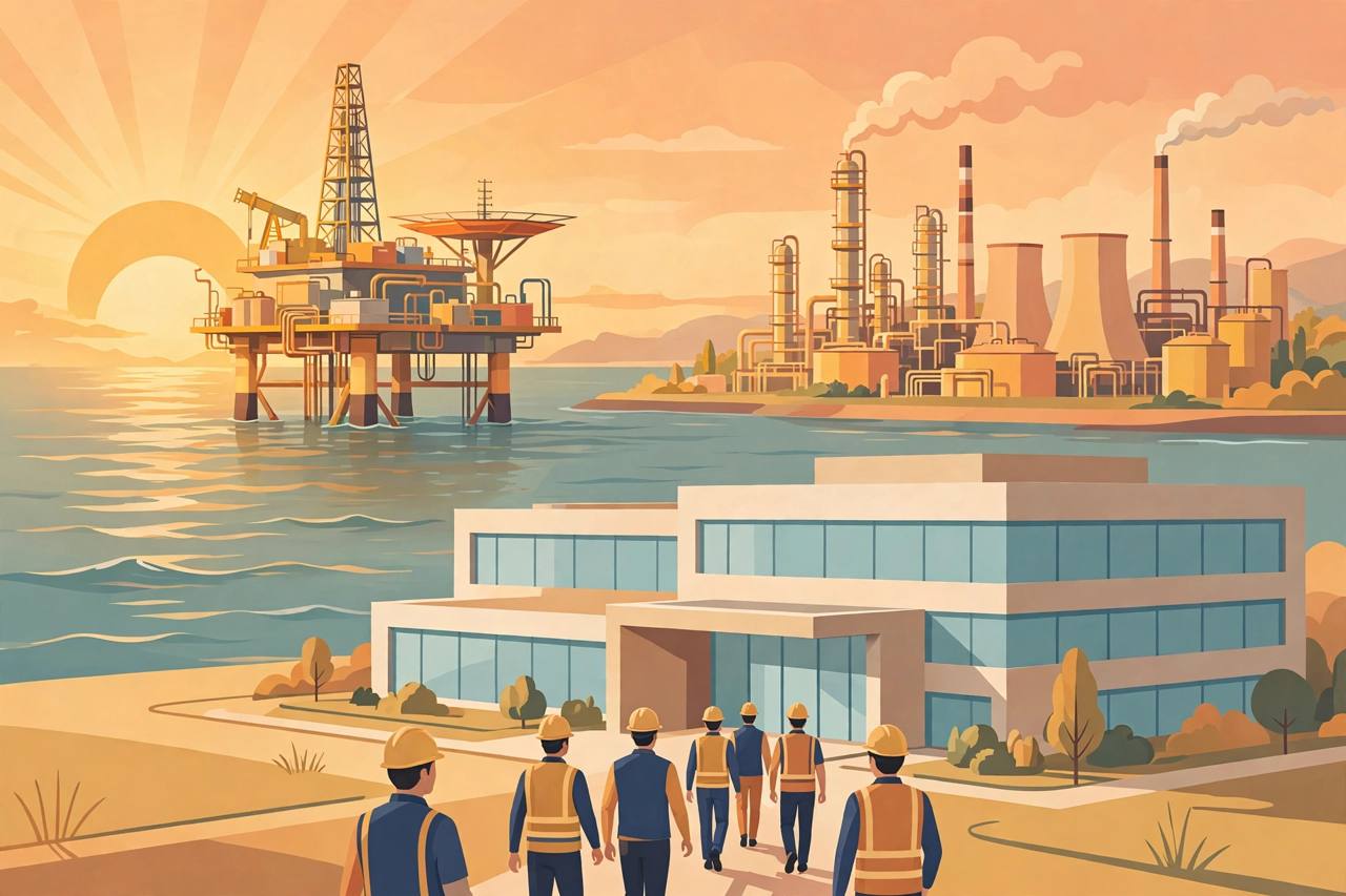 Editorial illustration of an offshore oil platform, a refinery and a corporate office building at sunrise with generic workers in helmets; no real person depicted