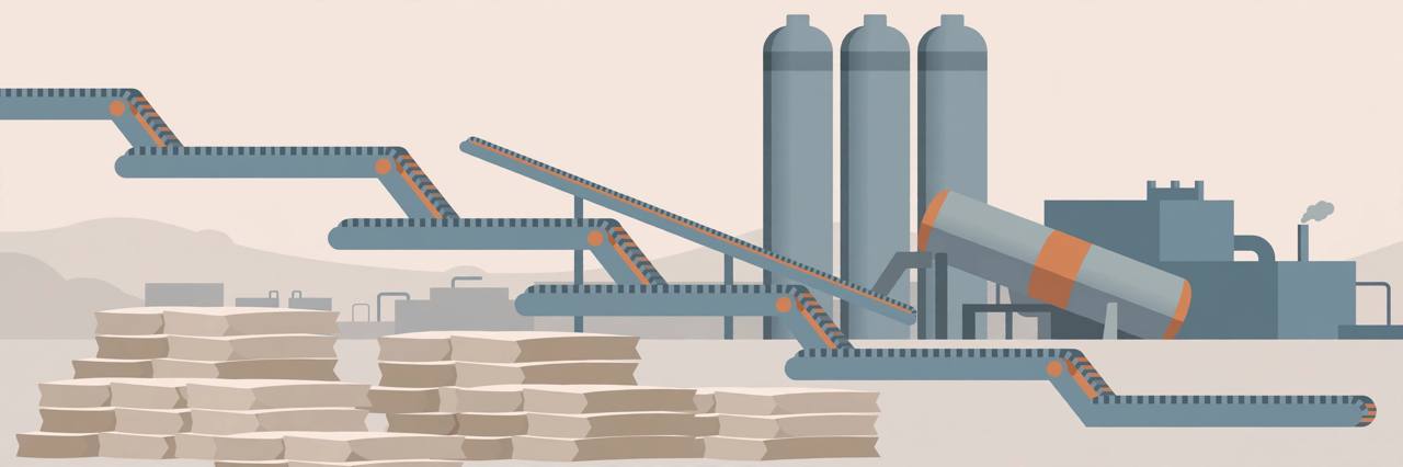 Editorial illustration of a cement plant with silos, a rotary kiln, conveyor belts and stacks of cement bags