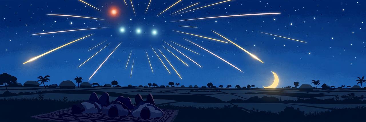 Editorial illustration of generic skywatchers lying on a blanket in a rural Indian landscape, watching bright Orionid meteors streak from the Orion constellation across a deep blue night sky