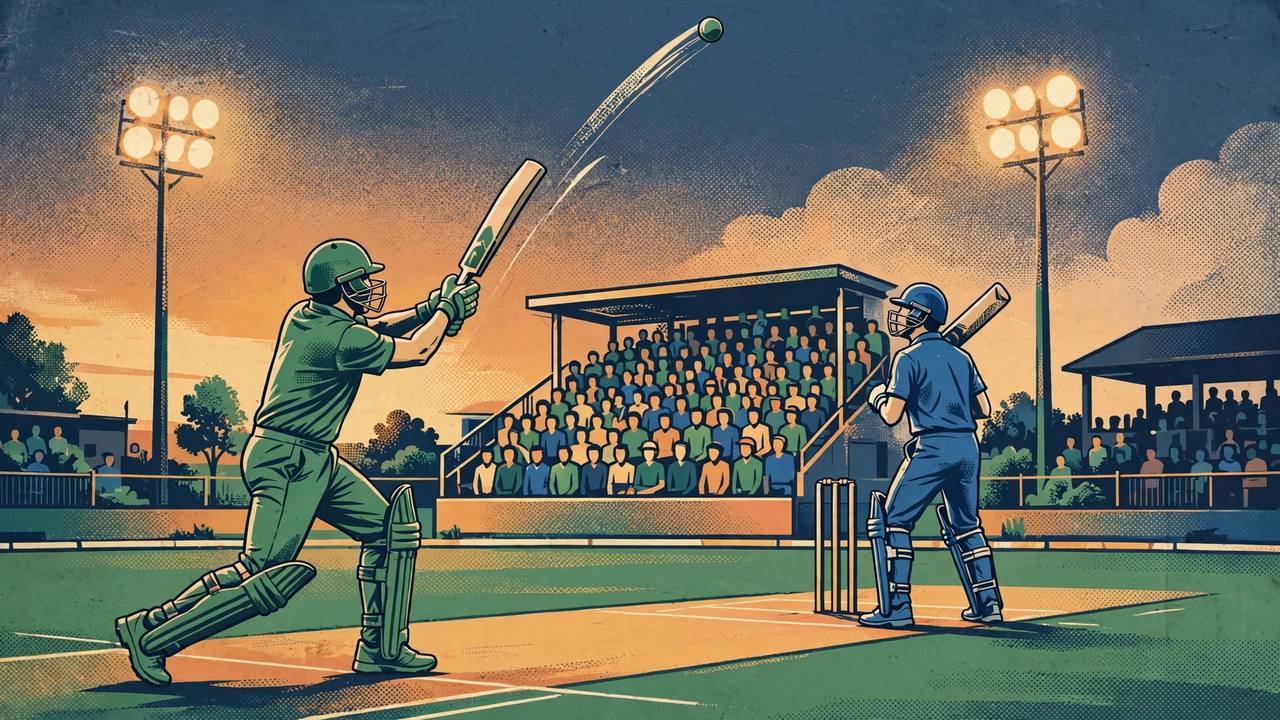 Editorial illustration of a six-a-side cricket match at a small floodlit ground, a generic batsman in green hitting a ball high for six while a generic player in blue watches