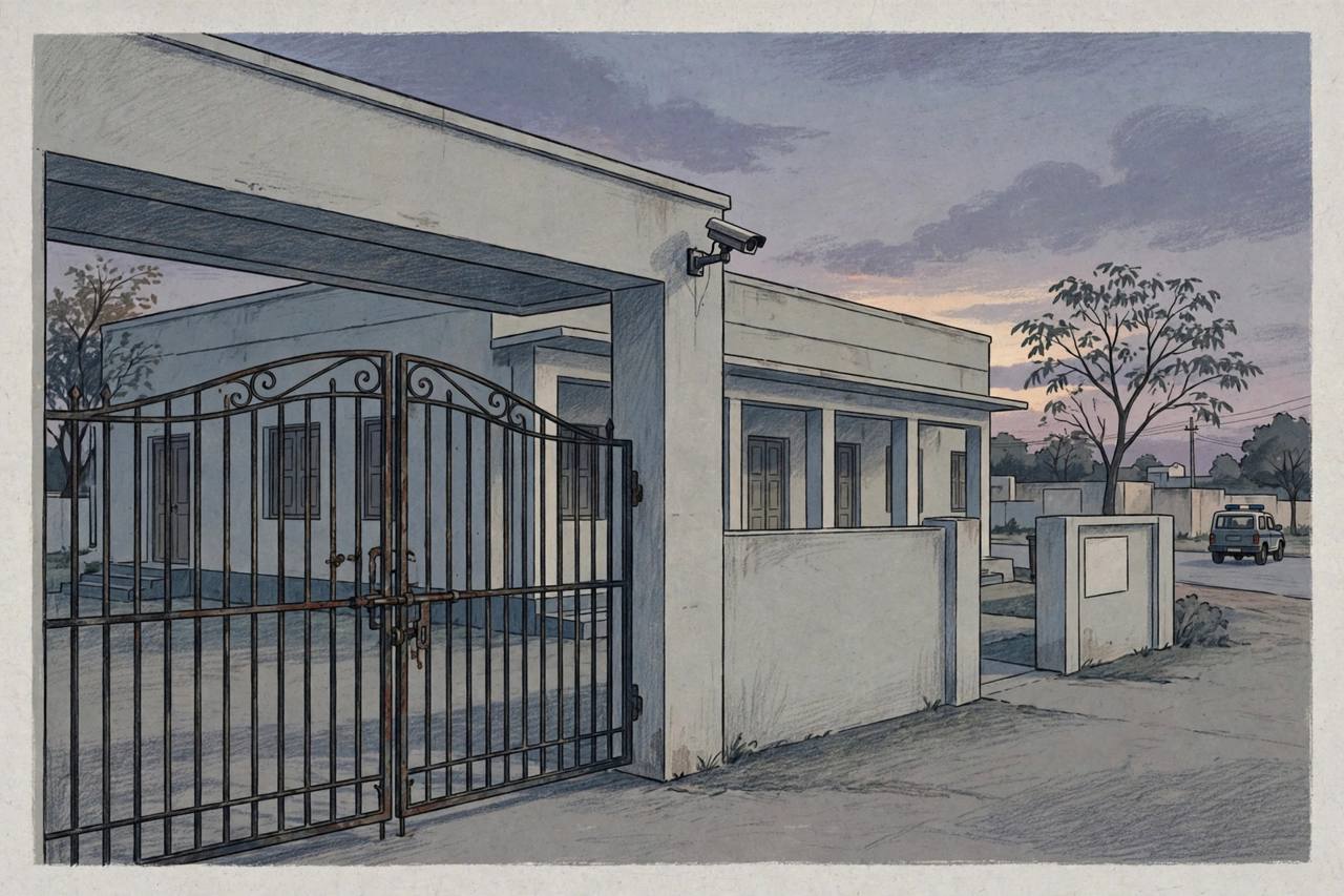 Editorial illustration of an empty school gate with a CCTV camera on the wall and a police vehicle parked outside at dusk