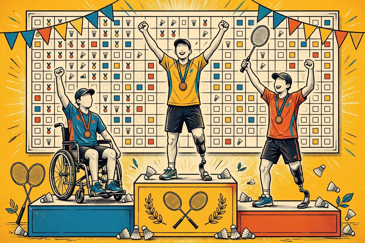 Editorial illustration of generic para badminton players with bronze medals on a podium - flat style, no real person's face, no text