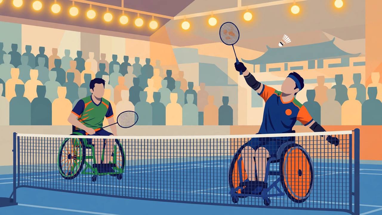 Editorial illustration of two generic para-badminton players in wheelchairs contesting a rally on an indoor court — flat style, no text, no real person's face