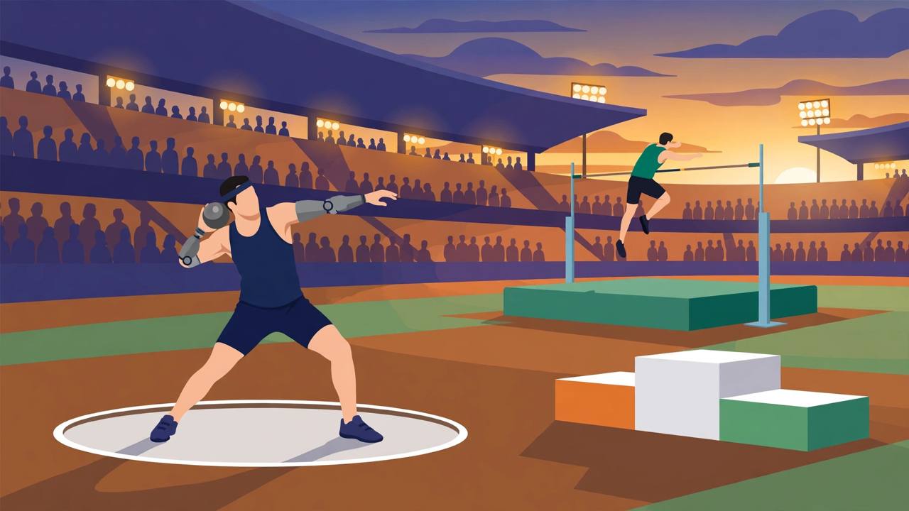 Editorial illustration of a generic para shot-put athlete in the throwing circle and a high jumper clearing the bar in a stadium, with a tricolour podium nearby