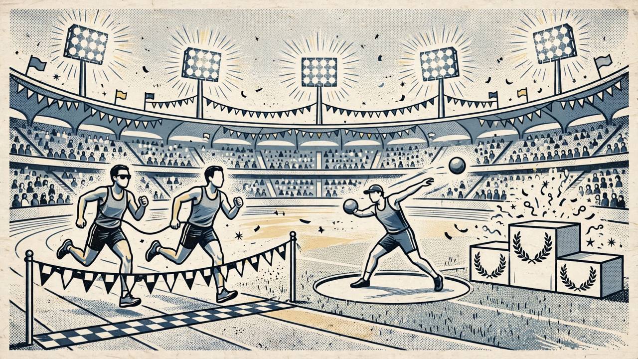 Editorial illustration of a para athletics stadium with a visually impaired sprinter and guide at the finish line and a shot put athlete throwing