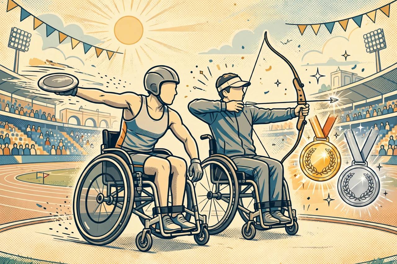 Editorial illustration of a para-athlete throwing discus and a para-archer in a stadium - no real person's face