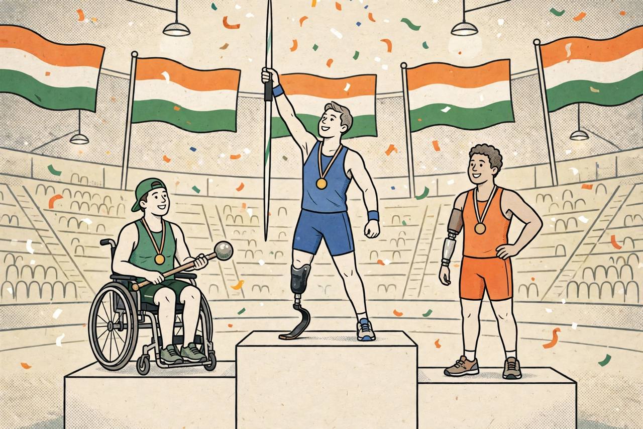 Editorial illustration of generic para-athletes celebrating on a podium with medals, a javelin and a club throw, under tricolour flags